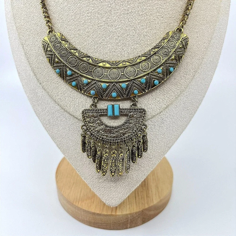 VTG Retro Antique Gold Tone Bib Statement Necklace Boho Turquoise‎ Color Accents